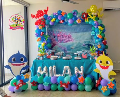 Baby Shark Pool Party, Shark Pool Party Ideas, Shark Pool Party, Aquatic Theme, Shark Pool, Pool Party Ideas, Shark Themed Birthday Party, Shark Decor, Baby Birthday Themes