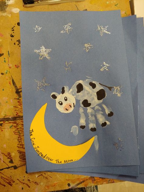 The Cow Jumped Over The Moon Craft, Bedtime Preschool Activities, Moon Footprint Craft, Nursery Rymes Crafts For Toddlers, Cow Jumped Over The Moon Craft, Mother Goose Crafts For Toddlers, Bedtime Crafts For Preschoolers, Cow Jumped Over The Moon Nursery, The Cow Jumped Over The Moon