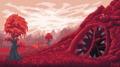 Terraria Background Wallpaper, Terraria Crimson, Terraria Background, Terraria Art, Pixel Art Animation, Terraria Game, Terraria House Design, Dark Red Wallpaper, Icon Ideas