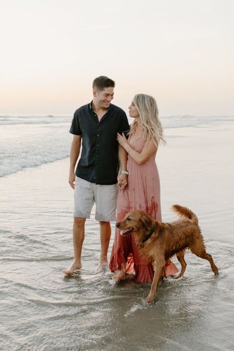 Couple And Dog Beach Photos, Beach Engagement Shoot With Dog, Couple And Dog Photoshoot Beach, Dog Beach Photoshoot, Beach Photos With Dog, Beach Engagement Photos With Dog, Beach Dog Photos, Dog Family Pictures, Family Dog Photos