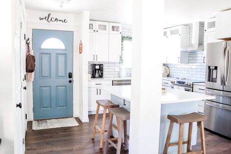 Kitchen At Entrance Of Home, Front Door In Kitchen Layout, Kitchen Near Front Door, Front Door Interior Color, Kitchen Entryway Ideas, Front Door Interior, Garage Guest House, Front Door Entryway, Modern Remodel