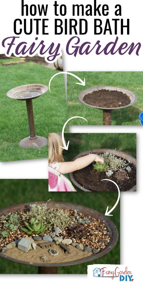 DIY fairy garden in an old bird bath - so cute! Easy succulent fairy garden. #miniaturegarden #succulents Birdbath Fairy Garden, Garden Tutorials, Fairy Garden Bird Bath, Miniature Fairy Garden Diy, Miniature Garden Design, Garden Crafts For Kids, Fairy Garden Containers, Diy Bird Bath, Fantasy Garden