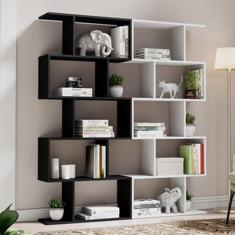 PRICES MAY VARY. Multipurpose Bookshelf: With its unique S-shaped structure, the 5-tier bookshelf not only provides you with ample storage space to display the usual things such as books, CDs, magazines, photo frames and potted plants but also some precious trophies, prizes, and souvenirs; this S-shaped bookcase is definitely a great helper to keep your living room, bedroom, office, hallway, corners, kitchen, and other areas well organized 5-Tier S-Shaped Bookcase: Each shelving unit has artwork Black And White Bookshelves, Contemporary Book Shelf, Book Shelf For Bedrooms, Modern Display Shelves, Black Bookshelf Aesthetic, Bookshelves For Bedroom, Black Bookshelves Aesthetic, Book Shelf Design Modern, Apartment Aesthetic Cozy Living Room