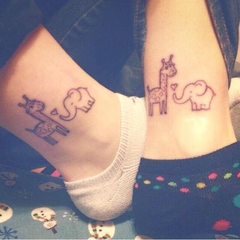 Elephant and giraffe Tattoo Preparation, Cute Best Friend Tattoos, Balloon Tattoo, Matching Best Friend Tattoos, Bestie Tattoo, Elephant Tattoo Design, Bff Tattoos, Friendship Tattoos, Elephant Tattoo