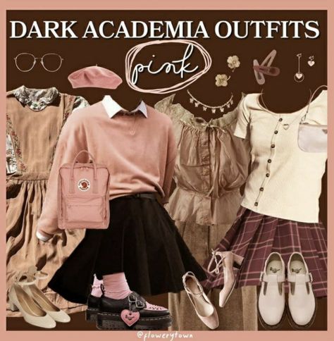 Pink Dark Academia Outfit, Pink Acedamia Outfits, Romantic Acedamia Outfits, Parisian Romantic Academia, Romantic Academia Aesthetic Outfit Pink, Soft Romantic Aesthetic Outfits, Pink Academia Aesthetic Outfit, Girly Dark Academia, Pink Academia Outfits