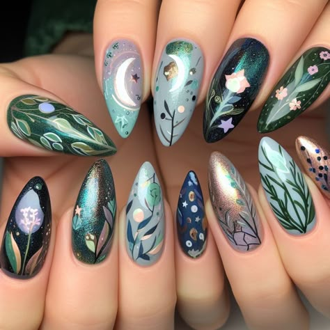 Luna Moth Nail Art, Spring Equinox Nails, Spring Witch Nails, Luna Moth Nails, Ostara Nails, Fern Nails, Woodland Nails, Botanical Nails, Cottagecore Nails