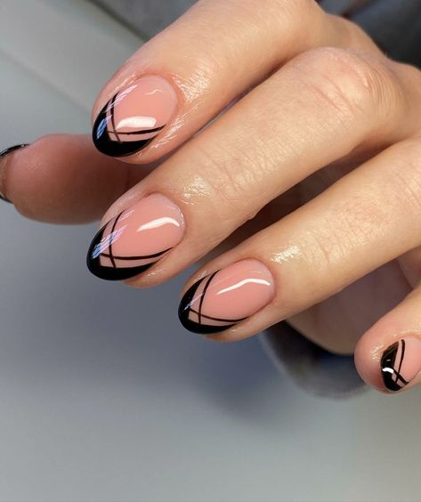 black-french-tip-nails-27-1 French Tip Nail Designs Almond Shape, Clear Black And Silver Nails, Cute February Nails Black, Elegant Black French Tip Nails, Black And Gold French Manicure, Cute Nails Ideas French Tips, Black French Manicure Ideas, Gel Nails French Tip Designs, Black On Black Nails French