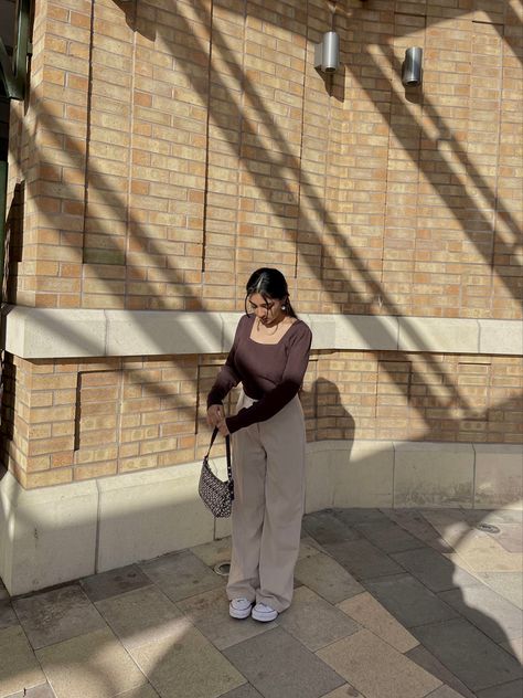 Cream Pants Brown Top Outfit, Beige Pant Black Top, Brown Top Combination, Tan Pants And Black Top Outfit, Brown Top Beige Pants Outfit, Brown Beige Aesthetic Outfits, Brown Top Outfit Aesthetic, Beige Bottom Outfit, Beige Pants Outfit Aesthetic