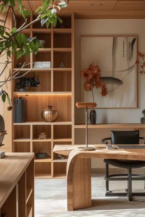 Japandi Home Library, Modern Office Design Home, Home Office Inspiration Minimalist, Japanese Office Design, Back To Back Desks, Organic Modern Office, Luxury Home Office Design, Japandi Desk, Japandi Office Design