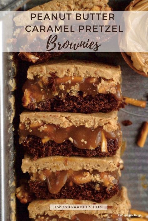 This triple layer brownie recipe is a decadent dessert! A homemade caramel pretzel layer is sandwiched between a brownie and a peanut butter bar. Three distinct layers come together into one peanut butter, caramel, pretzel and chocolate brownie bliss! They are 100% worth the three easy steps!! ~ Recipe on twosugarbugs.com #brownies #layeredbrownies #caramel #peanutbutter Layered Brownie Recipes, Brownie And Bar Recipes, Layered Brownies, Peanut Butter Pretzel Dessert, Brownie Bars, Peanut Butter Caramel Brownies, Pretzel Dessert, Brownies With Pretzels And Caramel, Salted Caramel Pretzel Blondies