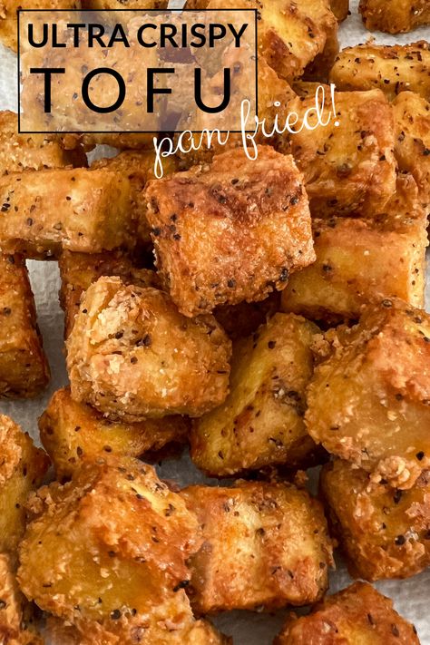 This super crispy pan-fried tofu will change the way you feel about tofu! So quick and easy to make, packed with plant protein, smothered in a tasty garlic sesame sauce. | simplyceecee.co #tofurecipes Fries Tofu Recipes, Crispy Tofu Recipes Pan Fried, Deep Fried Tofu Recipes, Korean Fried Tofu, Crunchy Tofu Recipes, Pan Fried Tofu Recipes, Fried Tofu Crispy, Fried Tofu Recipes, Crispy Tofu Recipes