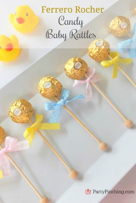 Ferrero Rocher Baby Rattle Party Treats Best DIY Baby Shower Ideas Dollar Store Baby Shower Ideas, Diy Baby Shower Ideas, Perlengkapan Bayi Diy, Imprimibles Baby Shower, Babyshower Party, Idee Babyshower, Baby Shower Treats, Baby Shower Candy, Baby Shower Favors Girl