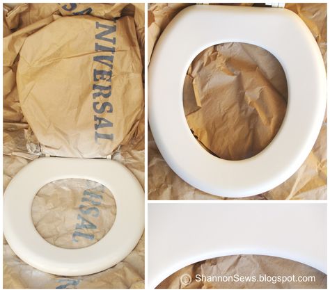 DIY toilet seat makeover / update / improvement with spray paint to look new again © ShannonSews.blogspot.com How To Paint Behind A Toilet, Wooden Toilet Seat, Spray Paint Crafts, Old Toilet, Wooden Toilet Seats, Wooden Toilet, Wood Toilet Seat, Diy Spray Paint, Epoxy Paint