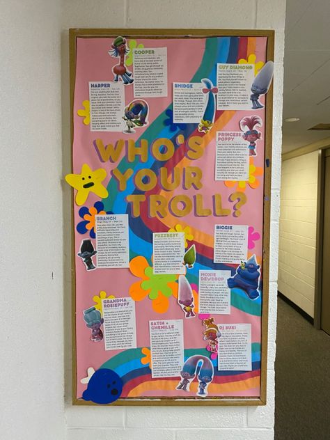 Trolls Bulletin Board Ideas, College Bulletin Board, Resident Assistant Bulletin Boards, College Bulletin Boards, Ra Bulletins, Ra Boards, Ra Bulletin Boards, Resident Assistant, Trolls Movie