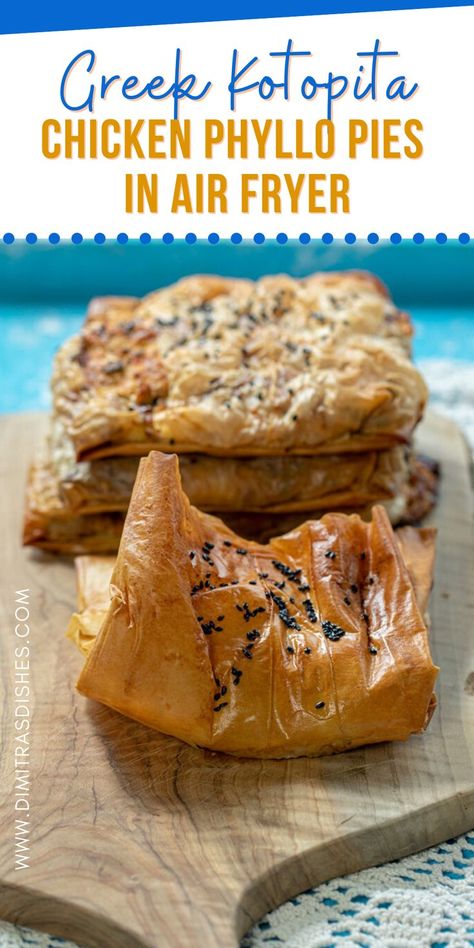 These Easy homemade Greek Chicken Phyllo Pies are the perfect twist of traditional chicken pies Phyllo Dough Air Fryer Recipes, Filo Pastry Recipes Air Fryer, Chicken Phyllo, Phyllo Pie, Awesome Sandwiches, Easy Greek Chicken, Chicken Pies, Dimitras Dishes, Filo Dough