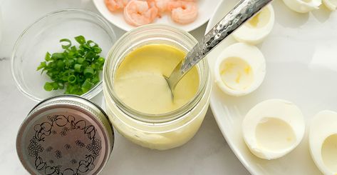 WASABI MAYONNAISE Deviled Eggs With Shrimp, How To Make Mayo, Make Mayonnaise, Shrimp Deviled Eggs, Wasabi Mayo, Elegant Brunch, Baby Shrimp, Lemon Juice Water, How To Make Mayonnaise