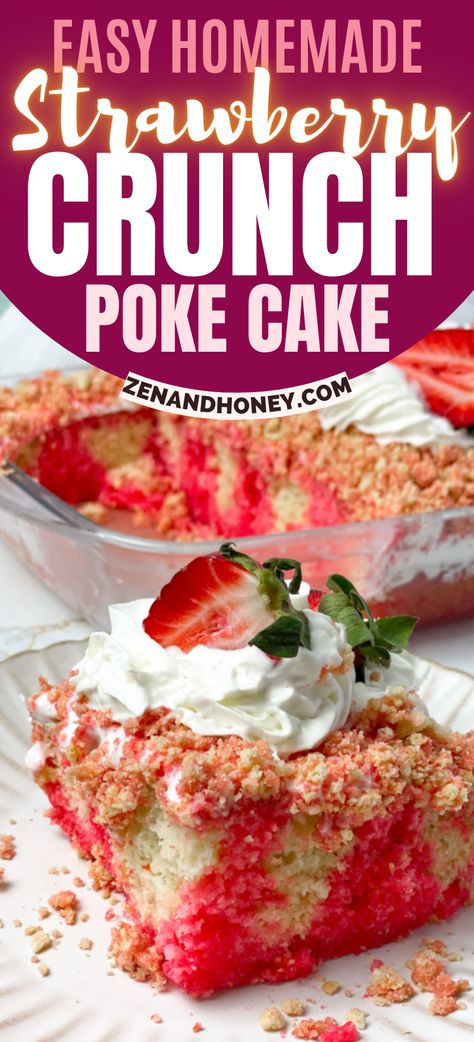 If you love all things crunch and strawberries, you are going to enjoy this delicious Strawberry Crunch Poke Cake. This is a seriously addictive poke cake recipe you are going to recreate over and over again. Poke Cake Strawberry, Strawberry Crunch Poke Cake, Strawberry Jello Cake, Jello Poke Cake, Strawberry Poke Cake, Poke Cake Jello, Strawberry Crunch Cake, Strawberry Poke Cakes, Strawberry Crunch