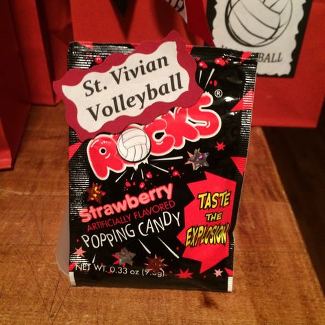 Volleyball candy..Pop Rocks! Made for my daughters volleyball team.. Added to the goodie bag also Volleyball Candy Ideas, Volleyball Candy Sayings Team Gifts, Cute Volleyball Team Gifts, Volleyball Locker Signs Ideas, Volleyball Team Spirit Ideas, Volleyball Goodie Bags, Volleyball Team Gifts Diy Goodie Bags, Volleyball Goodie Bag Ideas, Volleyball Snacks