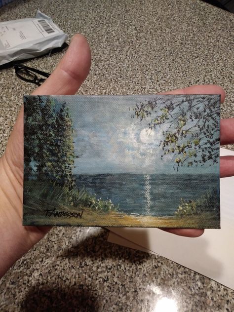 What To Paint Acrylic, 4x6 Acrylic Paintings, 4x6 Painting Ideas, Mini Oil Painting Ideas, Moon Painting Acrylic, Lake Acrylic Painting, Pastel Sec, Moon Painting, Landscape Art Painting