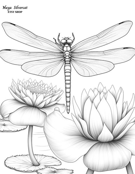 Dragon Fly Coloring Pages, Dragonfly Coloring Pages, Dragonfly With Flowers, Cat Coloring Pages Free Printable, Printable Drawings, Trees Drawing Tutorial, Bee Coloring, Dragonfly Drawing, Wrist Tattoo Cover Up