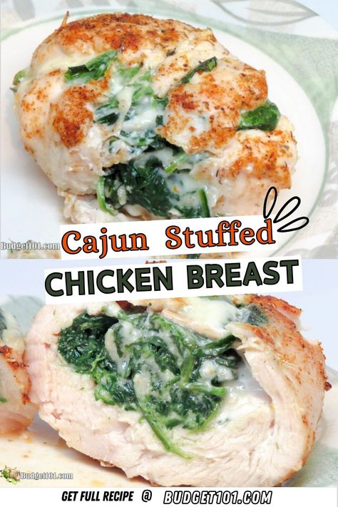 Cajun Chicken Breast Stuffed with Pepper Jack Cheese & Spinach Houlihans Stuffed Chicken Recipe, Chicken Recipes Stuffed, Chicken Stuffed With Spinach, Cajun Chicken Breast, Cajun Chicken Salad, Pepperjack Cheese, Chicken Breast Stuffed, Cheese Spinach, Chicken Stuffed