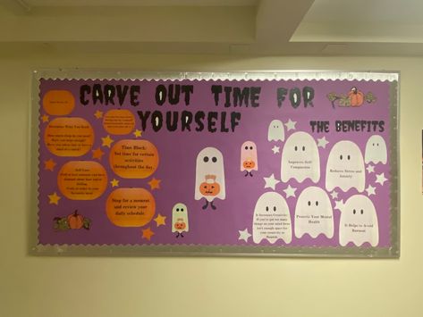 Halloween Sel Bulletin Boards, Ghost Ra Bulletin Board, Halloween Self Care Bulletin Board, Halloween Ra Board Ideas, Ra Educational Programs, Ra October Bulletin Boards, School Bulliten Board Ideas, Bulletin Board Ideas For Ra, Fall Ra Boards