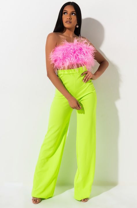 Feather Top Outfit, Neon Pants, Neon Photoshoot, Garden Party Outfit, Feather Top, Embellished Crop Top, Taylor Swift Tour Outfits, Neon Outfits, Feather Tops