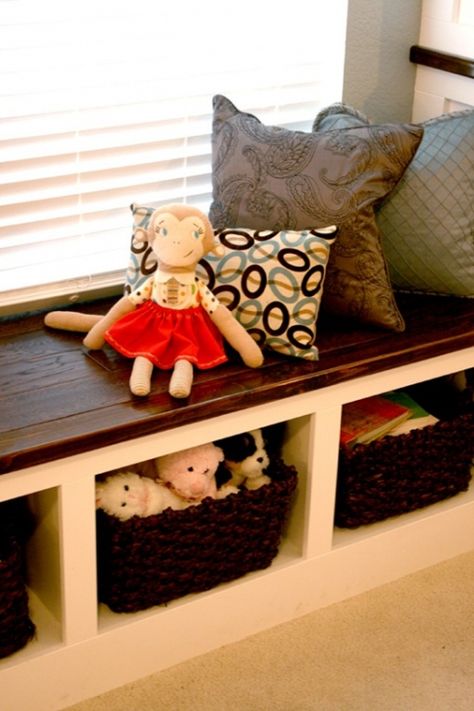 great wall of built-ins with toy storage bench and cupboards, Remodelaholic Kids Room Storage Solutions, Toy Storage Furniture, Toy Room Storage, Family Room Storage, Outdoor Toy Storage, Office Furniture Layout, Toy Room Organization, Built In Window Seat, Toy Storage Bench