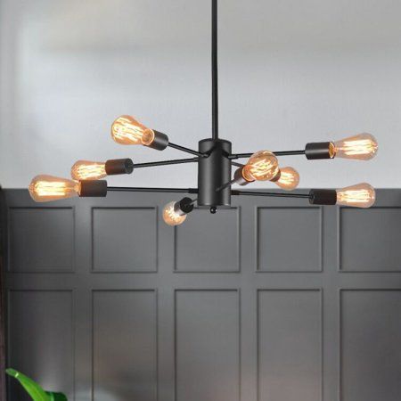 Modern style chandelier:M supported by 8 arm frames in geometric line symmetry, our sputnik chandelier black ceiling light fixture looks like a Ferris wheel, simple and elegant enough to be an eye-catching ornament in any room Adjustable hanging height: comes with 4 extension rods (9.84 in. for each) that makes this light compatible with flat/sloped ceilings and allows you to customize the hanging height according to the interior layout Exquisite and durable material: crafted from sleek black me Black Industrial Lighting, Modern Linear Chandelier, Black Ceiling Lighting, Interior Layout, Linear Pendant Light, Chandelier Black, Vintage Edison Bulbs, Industrial Chandelier, Black Ceiling