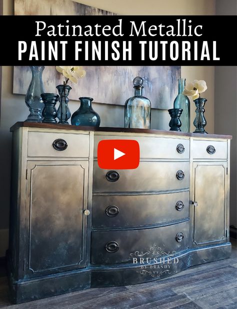 Blue And Silver Furniture, Patina Paint Furniture, Metallic Chalk Paint Furniture, Aged Metal Diy Paint Finishes, Dixie Belle Patina Painted Furniture, Diy Patina Paint, Brushed By Brandy Tutorials, Glaze Painted Furniture, Metallic Furniture Paint