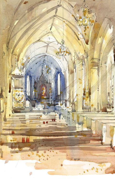 Nave of Church, Kranjska Gora, Slovenia Watercolour Sketch Architectural Illustration www.nickhirst.co.uk Watercolor Sketch Architecture, Watercolour Interior Drawing, Watercolour Architecture Drawings, Chapel Watercolor, Church Sketch, Watercolour Architecture, Church Watercolor, Church Drawing, Church Illustration