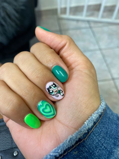 Buttercup Powerpuff Nails, Powerpuff Girls Nail Art, Powerpuff Nails, Buttercup Nails, Nails Retro, Japan Nails, Japan Nail, Mani Nails, Mens Nails