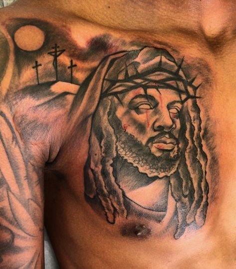 Villian Tattoo Ideas For Men, Cheap Tattoo, African Chest Tattoo Men, Spiritual Chest Tattoos For Men, Spiritual Chest Tattoos, Hood Tattoo For Men Chest, African American Tattoos Men, Half Chest Tattoo Men Ideas Black Man, Black Male Chest Tattoos