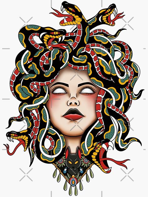 Traditional Style Medusa Tattoo, Old School Medusa Tattoo, Traditional Medusa Tattoo Design, Traditional Tattoo Medusa, Medusa Tattoo Color, American Traditional Medusa, Medusa Art Drawing, American Traditional Medusa Tattoo, Medusa Traditional Tattoo