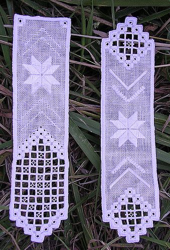 hardanger bookmarks | by snailspirals Hand Knitted Dress, Drawn Thread, Hardanger Embroidery, Point Lace, Types Of Embroidery, Crochet Doily Patterns, Tatting Lace, Doily Patterns, Embroidery Ideas