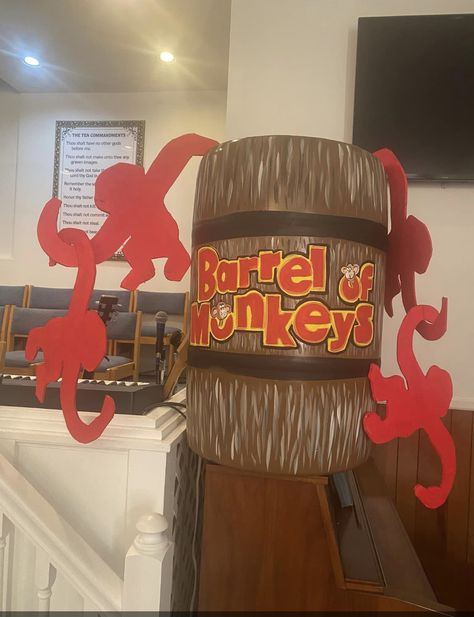 Vbs Twists And Turns Decorations, Vbs 2023 Twists And Turns Decorating Ideas, Parade Float Theme, Monkey Template, Kids Church Decor, 2023 Decor, Christmas Parade Floats, Monkey Decorations, Toy Story Halloween