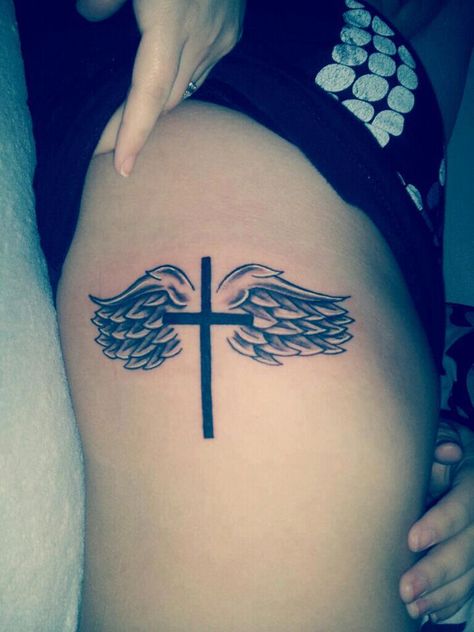 really like this tattoo. Would get on my upper back between shoulder blades though. #cross #wings Cross With Wings Tattoo, Tattoo Son, Cross With Wings, Cross Tattoos For Women, Wing Tattoo Designs, Cross Tattoo Designs, Angel Wings Tattoo, Hawaiian Tattoo, Matching Couple Tattoos