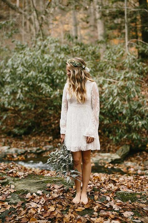 Lovely short dress option for a boho bride. Boho Bride Dress Short, Short Bohemian Wedding Dress, Boho Wedding Short Dress, Mini Boho Wedding Dress, Boho Wedding Dress Lace Short, Short Boho Wedding Dress Long Sleeve, Short Reception Dress For Bride Boho, Short Wedding Dress Boho, Rustic Wedding Dresses Short Lace Sleeves