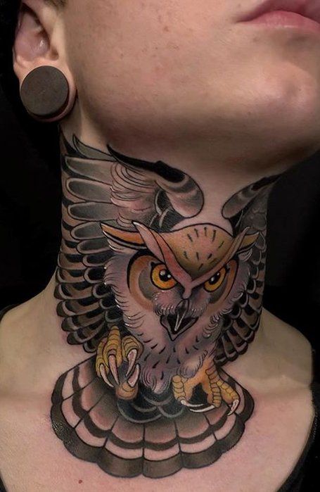 30 Coolest Neck Tattoos for Men in 2021 - The Trend Spotter Justin Bieber Neck Tattoo, Crown Neck Tattoo, Owl Neck Tattoo, Wing Neck Tattoo, Traditional Owl Tattoos, Front Neck Tattoo, Full Neck Tattoos, Best Neck Tattoos, Small Neck Tattoos