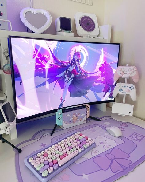 Anime Bedrooms, Purple Room Decor, Anime Desk, Purple Room, Ideal Bedroom, Office Idea, Kpop Room, Cozy Desk, Setup Gamer