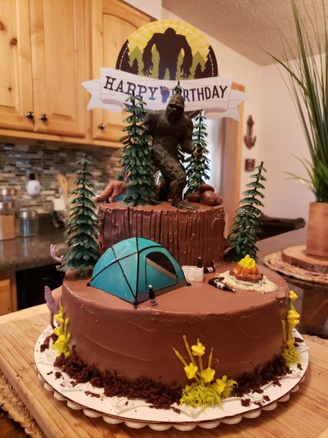 Bigfoot Cake Birthday, Big Foot Cakes, Adventure Birthday Cake, Outdoors Birthday Cake, Sasquatch Cake, Bigfoot Cake, Camping Cake Ideas, Outdoors Cake, Sasquatch Party