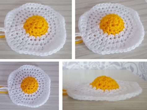 Crochet Fried Egg Pattern, Crochet Food Free Patterns Play Kitchens, Crochet Food Free Patterns, Crochet Fried Egg, Crochet Egg Pattern, Crochet Egg, Egg Pattern, Crochet Fruit, Crochet Food