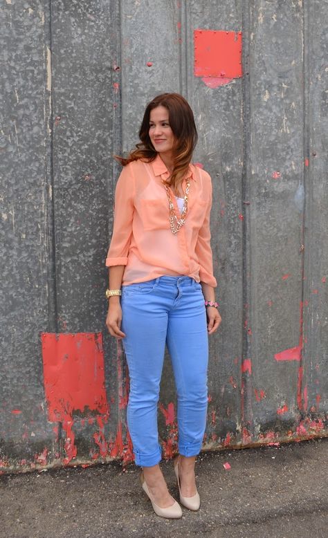 blue and peach on the blog bornlippy Peach And Blue Outfit, Peach Top Outfits, Peach Outfit, Apricot Crush, Peach Clothes, Peach Pants, Color Melon, Michael Kors Bracelet, Peach Top