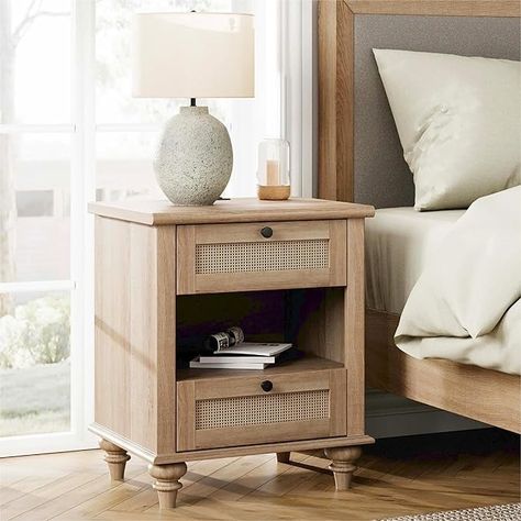 Amazon.com: WAMPAT Rattan Side Table Nightstand with Charging Station, Light Wood End Table with 2 Drawers for Living Room, Rustic Farmhouse Night Stand Bedside Table for Bedroom, Oak : Home & Kitchen Living Room Rustic Farmhouse, Farmhouse Night Stand, Farmhouse Night, Living Room Rustic, Farmhouse Nightstand, Table For Bedroom, Bedside Drawers, Nightstand With Charging Station, Rattan Side Table