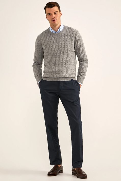 Blue Shirt And Sweater Outfit, Light Grey Trousers Outfit Men, Grey Wool Pants Outfit, Mens Sweater Outfits Dressy, Dark Grey Pants Outfit Men, Gray Sweater Outfit Men, Grey Sweater Outfit Mens, Grey Knit Sweater Outfit, Light Grey Sweater Outfit