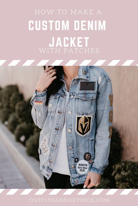 Hockey Mom Jean Jacket, Vegas Golden Knights Outfit Women, Patches Tutorial, Denim Jacket With Patches, Pins On Denim Jacket, Knight Outfit, Customised Denim Jacket, Champagne Collection, Jacket With Patches