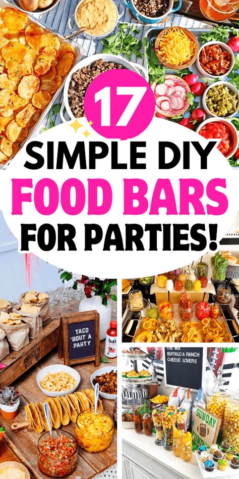 build your own food bar ideas Food Bars For Parties, Food Bar Ideas For Parties, Food For Large Groups, Build Your Own Food Bar, Cheap Party Food, Food Bar Ideas, Buffet Style Dinner, Party Food Bars, Party Food Bar