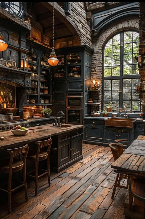 Rustic Countertops, Apothecary Design, Kitchen Goals, Dream Ideas, Farmhouse Kitchens, Beautiful Kitchen Designs, Dark Home Decor, Rustic Kitchen Design, Indoor Design