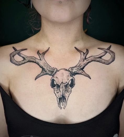 Color Chest Tattoo Female, Deer Skull Chest Tattoo, Deer Skull Tattoos For Women, Deer Chest Tattoo, Skull Chest Tattoo Female, Stag Skull Tattoo, Tattoo Deer Skull, Deer Tattoos For Women, Skull Chest Tattoo