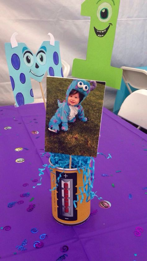 Monsters inc centerpieces I made. Every table had a different picture of him in his sulley costume Monsters Inc Centerpieces, Monsters Inc Birthday Party Ideas, Sulley Costume, Monster University Birthday, Monsters Inc Baby Shower, University Party, Little Monster Party, Monster 1st Birthdays, Monster Inc Birthday